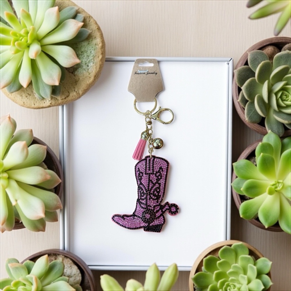 Fashion Jewelry Sparkling Western Pink Cowgirl Boot Keychain Accessory